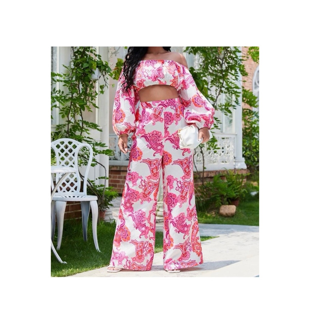 Print Off The Shoulder Lantern Sleeve Crop Top And Palazzo Pants Set